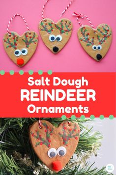 christmas ornaments made out of dough and reindeer noses are hanging on a tree with text overlay that says salt dough reindeer ornaments