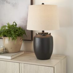 a table lamp sitting on top of a wooden cabinet next to a potted plant