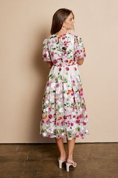 Beautiful floral embroidered dress with flowy sleeves, keyhole back closure, elastic back band in a stunning floral pattern. Self and Lining 100% Polyester Hand wash only. Aprox. measurements in inches: S:Length of self-45.5, length of lining-42 |Bust-35 |Waist-28 M:Length of self-46, length of lining-42.5 |Bust-37 |Waist-30 L:Length of self-47, length of lining-43.5 |Bust-39 |Waist-32 XL:Length of self-47, length of lining-43.5 |Bust-42 |Waist-36 modest dresses, modest dress, modest midi, modes Dress With Flowy Sleeves, Modest Midi Dress, Nursing Friendly Dress, Embroidered Mesh Dress, Temple Dress, Modest Maxi, Modest Tops, Modest Dress, Modest Skirts