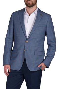 A sharp grid of windowpane plaid enriches a modern sport coat crafted from a stretchy wool blend. Notched lapels Nonfunctional four-button cuffs Lined 70% wool, 28% polyester, 2% spandex Dry clean Imported Light Blue Sports Coat Outfit Men, Fitted Plaid Sport Coat For Semi-formal Occasions, Semi-formal Fitted Plaid Sport Coat, Tailored Plaid Sport Coat For Business Casual, Plaid Sport Coat With Suit Collar For Office, Fitted Plaid Sport Coat With Notch Lapel, Fitted Plaid Sport Coat For Business, Plaid Fitted Sport Coat For Business, Fitted Plaid Tweed Jacket With Single Button