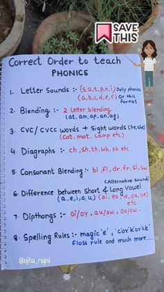 a hand written order to teach phonics in front of a potted plant