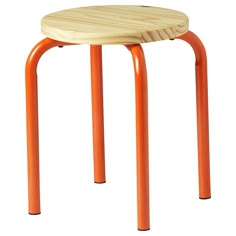 an orange stool with wooden seat and legs