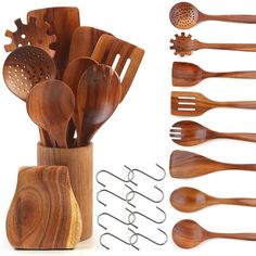 wooden utensils and spoons in a holder