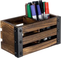 Magnetic Burnt Wood Caddy with Matte Black Metal Corner Brackets, Office Stationery Organizer, White Board Marker Basket-MyGift Chalk Paint Brushes, Wood Pen Holder, Decorative Storage Bins, Home Classroom, Wood Repair, Office Supply Organization, Global Office Furniture, Wood Pens, Accessories Holder