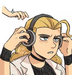 a drawing of a woman with headphones on her ears and hands behind her ear