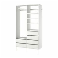 a white cabinet with drawers and shelves on it's sides, in front of a white background