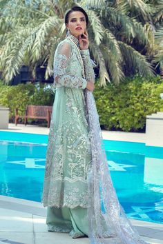 Latest designer net embroidered party outfit in mint green color Wedding In Pakistan, Designer Salwar Kameez, Mint Green Color, Designer Salwar, Chiffon Collection, Elegant Attire, Latest Fashion Design, Silk Trousers, Salwar Kameez Designs