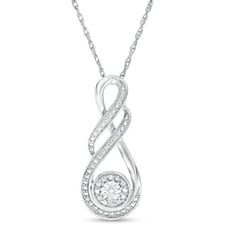 Elevate your attire with this mesmerizing infinity pendant. Fashioned in sterling silver, this style showcases a sculpted infinity symbol-shaped design glistening with beaded details and a pair of diamond accents. Nestled at the base, a diamond accent is artfully set to enhance size and sparkle and wrapped in a beaded frame. Buffed to a brilliant luster, this pendant suspends along an 18.0-inch rope chain that secures with a spring-ring clasp. Infinity Jewelry With Diamond Accents In Diamond White, Infinity-shaped Sterling Silver Jewelry In Diamond White, Sterling Silver Infinity Jewelry In Diamond White, Diamond White Infinity-shaped Sterling Silver Jewelry, Diamond White Sterling Silver Infinity Jewelry, Sterling Silver Infinity Jewelry With Diamond Accents, Infinity Shaped Jewelry With Diamond Accents, Infinity Shaped Diamond Jewelry With Accents, Modern Twist White Gold Jewelry With Diamond Accents