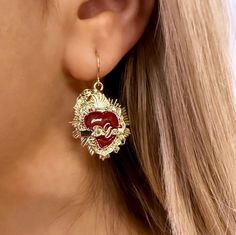 Are you looking for the perfect pair of sacred heart earrings for someone special on your Christmas list? Or a cute pair of Mexican heart earrings for everyday wear? My Milagro earrings are the perfect compliment to any outfit idea! These ornate heart earrings are a great gift idea for any special occasion to all the women in your life. You can't go wrong when gifting my red dangle earrings to your mother, sister, girlfriend or daughter! DETAILS - PLEASE READ CAREFULLY: My gold heart earrings ar Supernatural Jewelry, Milagro Heart, Mexican Heart, Witchy Goth, Red Heart Earrings, Gold Heart Earring, Ringe Gold, Gold Signet Ring, Earrings Red