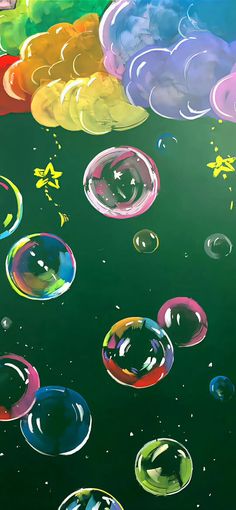 an image of soap bubbles floating in the air with colors and shapes painted on them