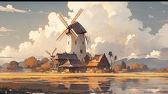 a painting of a windmill in the middle of a field next to a body of water