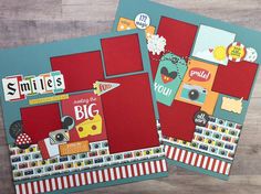 two scrapbook layouts with red and blue paper