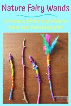 three different types of crafts made out of yarn and paper with the title nature fairy wands an easy craft for your kids to make and then play with