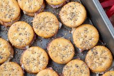 there are many crackers on the pan ready to be eaten