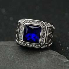 Master Mason Blue Lodge Ring - Silver Stainless Steel With Blue Gemstone - Bricks Masons Luxury Blue Sterling Silver Signet Ring, Nickel-free Blue Metal Rings, Luxury Blue Crystal Sterling Silver Ring, Luxury Blue Cabochon Men's Ring, Luxury Sterling Silver Sapphire Ring For Men, Blue Gemstones, The Master, Beautiful Blue, Silver Rings