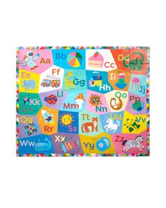 an image of children's alphabets and numbers on a colorful background with white letters