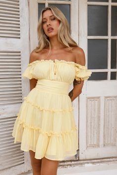 Length from bust to hem of size S: 67cm. Chest: 38cm, Waist: 32cm, size S. Mini dress. Lined; unlined sleeves. Model is a standard XS and is wearing size XS. True to size. Non-stretch. Elastic neckline, sleeves. Off-shoulder. Tie-up. Flowy skirt. Zipper.  Cold hand wash only. Polyester. Lovely dresses are made for you! The Days Of Content Off Shoulder Mini Dress features a gorgeous puffy sleeve design, tie-up front and flowy skirt. Style with sandals for a brunch date. Off Shoulder Mini Dress, Brunch Date, Skirt Zipper, Skirt Style, Dress Yellow, Mini Dress Shop, Flowy Skirt, Lovely Dresses, Sleeve Designs