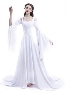 Neckline: Off-the-Shoulder Silhouette: A-line Sleeve Length: Long Trumpet Sleeves Dresses Length: Floor Length with Tail Medieval Wedding Dress, Sheath Wedding Gown, White Victorian, Medieval Wedding, Fantasy Gowns, Bohemian Wedding Dress, Medieval Dress, Online Wedding Dress, Wedding Dress Styles