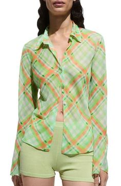 Fresh-hued checks cover a flowy shaped shirt that's framed by on-trend flared sleeves. Front button closure Spread collar Long sleeves 100% polyester Machine wash, line dry Imported Long Sleeve Plaid Blouse For Summer, Spring Office Plaid Shirt, Plaid Button-up Spring Blouse, Summer Plaid Button-up Blouse, Summer Workwear Plaid Blouse, Color Amarillo Pastel, Green Fits, Judas Priest, Nordstrom Store