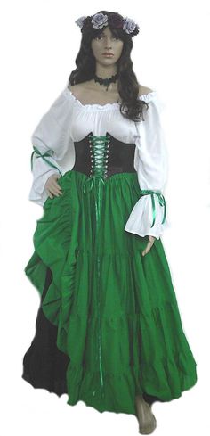 St Patrick's Day Dress Renaissance Corset Skirt Chemise Wench Pirate Medieval Steampunk Costume Celt Pirate Skirt, St Patricks Day Outfits, Wench Costume, White Peasant Blouse, Pirate Wench Costume, Green Corset, St Patrick's Day Outfit, Corset Skirt, Steampunk Corset