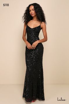 Captivate the crowd with the way you move in the Lulus Mesmerizing Demeanor Black Sequin Backless Mermaid Maxi Dress! Sparkling black sequins create an intricate, wavy design across stretchy mesh knit as it falls from adjustable spaghetti straps into a flattering V-neckline and a fitted bodice. The figure-skimming silhouette continues into a mermaid maxi skirt that features an elegant train at back. The deep V-back creates a sultry final finish! Hidden back zipper/clasp. Fit: This garment fits t Mermaid Maxi Skirt, Mermaid Maxi Dress, Prom Inspo, Dress With Train, Backless Maxi Dress, Wavy Design, Dress Sequin, Lulu Fashion, Black Prom Dress