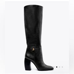 Black Tall Leather Boots With Curved Heel. Gold Buckle Accent. Tory Burch Riding Boots, Brown Leather Riding Boots, Stacked Heel Boots, Buckle Boot, Rider Boots, Black Leather Boots Tall, Brown Riding Boots, Slouchy Boots, Tall Leather Boots