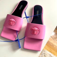 Authentic Leather Sandals Designer Pink Sandals With Single Toe Strap, Designer Pink Leather Sandals, Versace Slides, Versace Slippers, Red Slides, Versace Pink, Gold Slides, Faux Fur Slides, Versace Gold