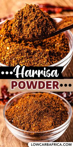 two bowls filled with spices and the words harwia powder in front of them