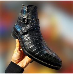 Handmade Men Black Crocodile Texture Leather Ankle Biker Boots