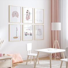 a white table and chairs in a room with pink curtains on the windowsills