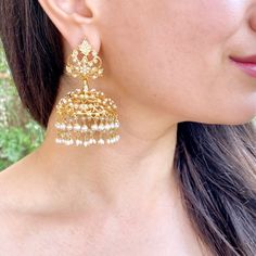 large jhumka earrings Elegant Jhumkas For Ceremonial Festivals, 22k Gold Meenakari Jhumkas In Elegant Style, 22k Gold Elegant Jhumkas With Meenakari, Elegant Jhumkas With Latkans For Ceremonial Occasions, Festive 22k Gold Fusion Style Jhumkas, Elegant Ceremonial Jhumkas With Latkans, Elegant Ceremonial Jhumkas With Intricate Design, Gold Plated Fusion Jhumkas, Gold Plated Fusion Jhumkas For Celebration