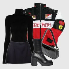 Outfit Ideas Racer Jacket, Red Ferrari Jacket Outfit, Las Vegas F1 Outfit, Racer Jacket Outfit Women Skirt, Racer Inspired Outfits, Outfits With Ferrari Jacket, Ferrari Racing Jacket Outfit, Ferrari Inspired Outfit, Las Vegas Grand Prix F1 Outfit