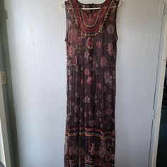 Biya Johnny Was Brown Funky Sheer Embroidered Mesh Sleeveless Maxi Dress Szxl Kind Of A Scoop Neck Embroidered Neckline & Mid Bodice Brown Mesh With Floral Pattern (Colors In The Pics Are Pretty Accurate) Nice Earthtones Embroidered 2 Tiers On The Bottom Ruffle Hem Zips Down The Back Art-To-Wear I Assume It Came With A Slip, But Slip Is Missing You Can Add Various Colored Slips & Different Lengths For Your Desired Effect Approximate Flat Lay Measurements: Pit To Pit 22" Waist 23" Length 59" (I'm Sleeveless Embroidered Dress For Vacation, Sleeveless Floral Embroidery Maxi Sundress, Floral Embroidery Sleeveless Sundress Maxi Dress, Sleeveless Brown Floral Print Maxi Dress, Embroidered Sleeveless Maxi Sundress, Embroidered Sleeveless Sundress Maxi Dress, Sleeveless Brown Floral Maxi Dress, Brown Floral Print Sleeveless Maxi Dress, Bohemian Embroidered Sleeveless Maxi Dress