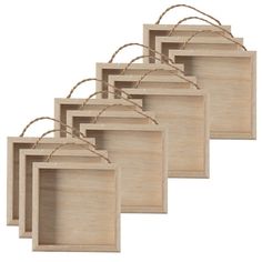 set of six wooden hanging tags with twine string on each side, isolated against a white background