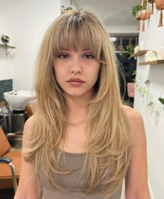 Long Thin Hair with Full Bangs Long Hair Half Up Half Down With Bangs, Butterfly Haircut With Full Bangs, Midi Length Hairstyles, Long Choppy Layers With Bangs, Mid Length Hair With Fringe Bangs, Hair With Wispy Bangs, Bang Inspo, 2024 Haircut, Haircut 2024