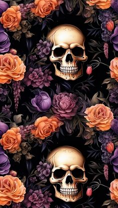 an image of a skull and flowers on a black background with purple, orange and pink roses