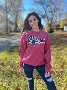 Retro Arkansas Sweatshirt- ASK Apparel LLC University Red Cotton Sweatshirt With Letter Print, Red Casual Sweatshirt With Screen Print, Fall Varsity T-shirt With Lettering, University Red Varsity Sweatshirt With Crew Neck, University Red Varsity Crew Neck Sweatshirt, University Red Varsity Top For Fall, School Spirit Sweatshirt With Screen Print For Fall, University Red Cotton Sweatshirt For Game Day, School Spirit Screen Print Sweatshirt For Fall