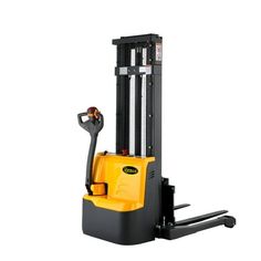 a yellow forklift sitting on top of a white floor next to a black pole