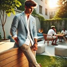 a man in a suit leaning on a wooden bench