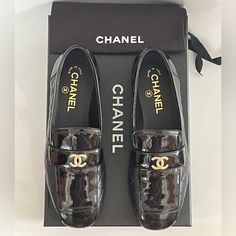 Brand New And Never Worn Authentic Chanel Black Lambskin And Patent Leather Loafers. Size 37.5 But Fits Like A Us 7 - Original Box And Dustbags Included - Original Receipt Included Upon Request Serious Bidders Only - Price Is Firm!!! All Sales Final - No Refunds Or Exchanges Luxury Patent Leather Flats With Round Toe, Designer Patent Leather Evening Shoes, Luxury Patent Leather Evening Shoes, Designer Black Flats With Leather Sole, Designer Black Calf Leather Flats, Luxury Black Flats With Almond Toe, Designer Patent Leather Shoes For Evening, Classic Patent Leather Flats For Formal Occasions, Luxury Black Flats For Galas