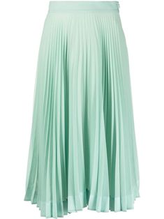 pleated midi skirt from PLAN C featuring mint green, cotton blend, fully pleated, high waist, concealed side zip fastening and knee-length. Mid Skirt Outfits, Mint Green Outfits, Outfit Ideas Hijab, Midi Skirt Green, Mint Green Skirts, Mint Outfit, Mint Skirt, Green Pleated Skirt, City Dress