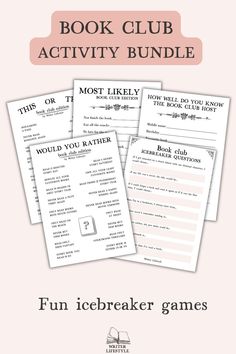 the book club activity bundle is shown in three different colors and font, with text overlay