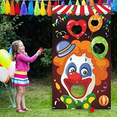 Carnival toss games with 3 bean bags, a fun carnival game for children and adults in carnival party activities, great carnival decorations and suppliers features 1 cute design toss game this carnival toss game is printed with cute clowns and balloons, give the toss game banner full of carnival feeling 2 funny carnival party game supply add more memory at your carnival party, add fun for home, school, backyard, beach or wherever you might be traveling 3 washable and reusable made of high-quality Carnival Party Games, Carnival Party Decorations, Carnival Games For Kids, Theme Carnaval, Outdoor Party Games, Carnival Birthday Party Theme, Diy Carnival, Carnival Decorations, Clown Party