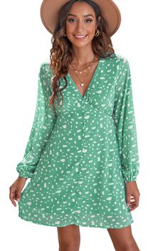 Green Polka Dot Print V Neck Mini Dress Long Sleeve Polka Dot Mini Dress For Spring, Long Sleeve Polka Dot Floral Dress, Green Polka Dot Dress, V Neck Mini Dress, Green Polka Dot, Polyester Dress, Trendy Clothes For Women, Polka Dot Print, Types Of Dresses