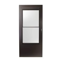 a black door with two windows on the front and side panels, against a white background