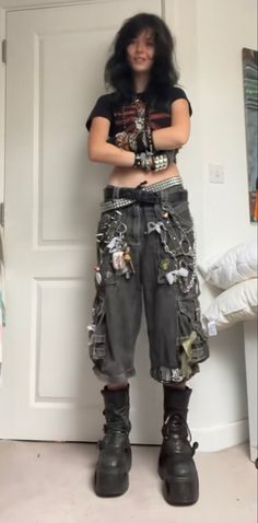 Punk Overalls Outfit, Mall Goth Summer Outfits, 2024 Alt Fashion, Hippie Punk Outfits, Summer Outfits Punk, Alt Outfits Pants, Female Punk Outfits, Modern Scene Fashion, Adronymous Outfits