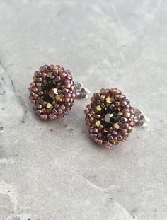 Dark Gold Metallic Crystal Stud Earrings / Beaded Rainbow Rust | Etsy Round Beaded Clip-on Earrings Gift, Beaded Round Clip-on Earrings Gift, Gift Beaded Round Clip-on Earrings, Handmade Brown Clip-on Earrings As Gift, Beaded Rainbow, Jordan Jewelry, Beading Thread, Polymer Jewelry, Earrings Beaded