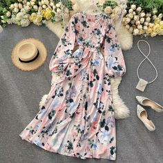 2020 New Autumn V Neck Puff Sleeve Vintage Floral Print Dresses Women Sashes A Line High Waist Slim Holiday Dress 1measurement In Cm Size Bust(Cm) Waist(Cm) Sleeve(Cm) Length(Cm) Free 100 86 60 135 Women's Sash, Vintage Floral Print Dress, Floral Print Dresses, Korean Brand, Korean Brands, Vintage Floral Print, Print Dresses, Holiday Dress, Dresses Women