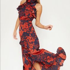 Futuring A Navy Floral Print, Wrap Design, High Neck, Ruffle Detail, Zipper At The Back. It's Such A Standout Piece & Looks Way More Expensive. Armpit To Armpit 18in Waist 14in Length Approx 58in Size 6 Us Orangey / Red Orange Floral Print Casual Midi Dress, Chic Orange Floral Print Dress, Orange Floral Print Cocktail Dress, Wedding Dress Guest, فستان زهري, Floral Ruffle Dress, Wedding Guest Dresses, Floral Print Maxi, Pleated Midi Dress