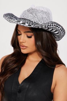 Available In Black/White. Cowboy Hat Straw Material Print Design Detail Imported | Down For The New Hat in Black/White by Fashion Nova Trendy White Panama Hat With Short Brim, Trendy White Fedora Straw Hat, Trendy White Summer Fedora, Trendy White Panama Hat With Curved Brim, Trendy White Fedora With Flat Brim, Trendy White Wide Brim Panama Hat, Trendy White Sun Hat With Flat Brim, Trendy White Flat Brim Sun Hat, Trendy White Fedora With Curved Brim